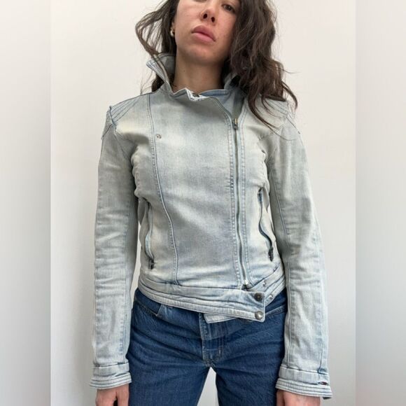 Y2K Light Wash Denim Biker Jacket Tommy Hilfiger Zip Front Silver Hardware S - Picture 6 of 15